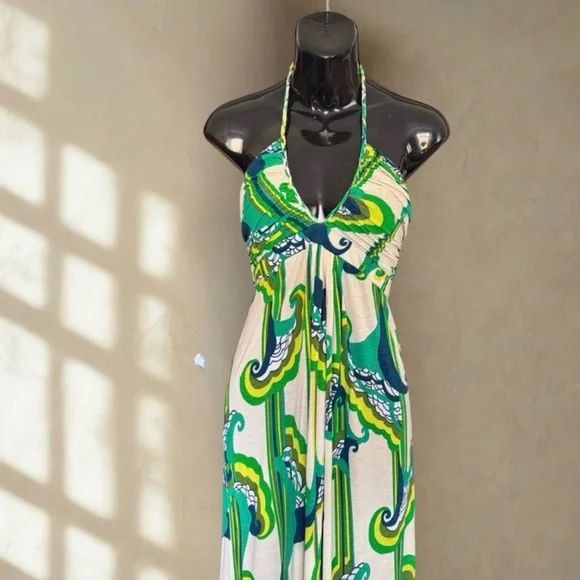 T-Bags Vibrant Green and Blue Patterned Maxi Dress | Size M - Picture 2 of 6